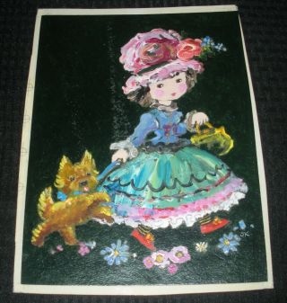 Birthday Cute Painted Girl In Dress W/ Puppy 9x12 " Greeting Card Art 8133