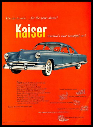 1951 Kaiser Frazer Vintage Print Ad American Luxury Automobile Car Drawing 1950s