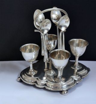 Elegant Antique Silverplate Four Egg Cup Set With Stand And Teaspoons - 18cm Ht