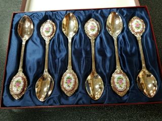 Rare Silverplate And Porcelain Rose Demitasse Spoons Set Of 6 Korea