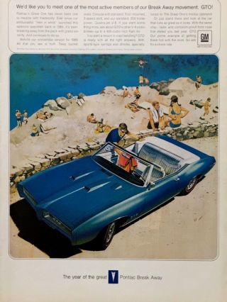 1969 Pontiac Gto Blue Convertible Beach Swimwear Vintage Art Print Ad