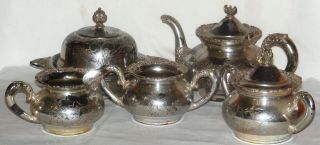 Antique 1898 Van Bergh Silverplate Teapot Sugar Creamer Butter Dish Waste Jar
