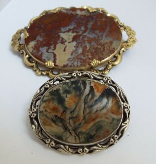 2 Large English Antique Solid Silver & Gold Filled Agate Set Brooches