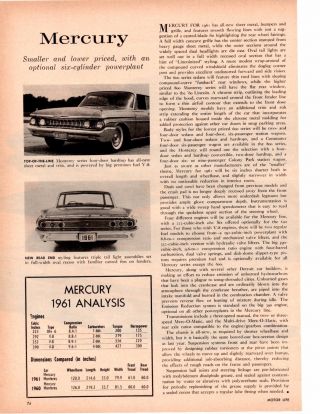 1961 Mercury 2 - Page Car Preview Article / Ad