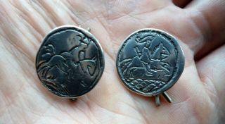 RARE PAIR ARTS & CRAFTS HORSEPACK c1900 HUNTING SOLID SILVER BUTTONS 2
