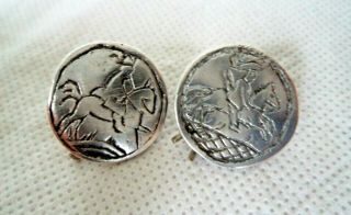 RARE PAIR ARTS & CRAFTS HORSEPACK c1900 HUNTING SOLID SILVER BUTTONS 8