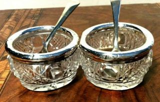 Antique Salts Pair Solid Silver Rim And Cut Glass With Spoons1914