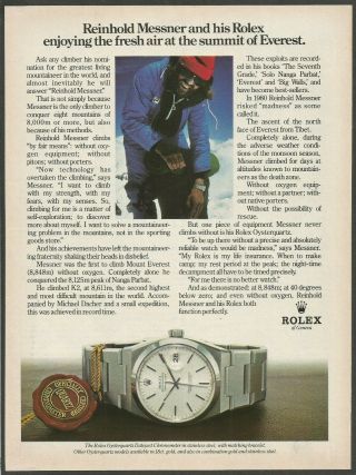 Rolex Watch - Reinhold Messner At The Summit Of Everest - 1982 Vintage Print Ad