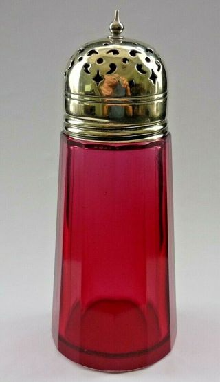 Victorian Cranberry Glass Sugar Shaker With Silver Plate Top