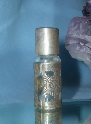 Antique Glass Sterling Silver Overlay Perfume Bottle 925 Mexico Eagle Stamp