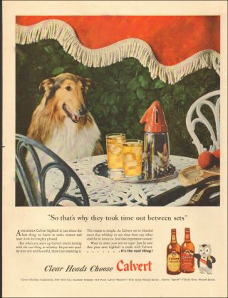1946 Vintage Ad For Calvert Blended Whiskey`collie Art Glasses