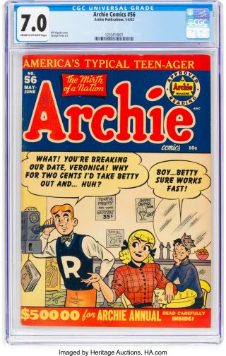 Archie Comics 56 Cgc 7.  0 Fn/vf 1952 Case