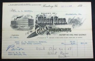1907 Dibert Bros Cigars - Reading Pa - Pennsylvania - Antique Tobacco Invoice Billhead