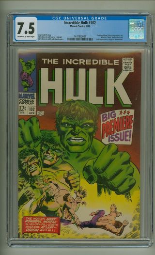 Incredible Hulk 102 (cgc 7.  5) Ow/w Pages; Origin Retold; Marvel; 1968 (c 23641)