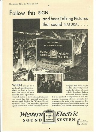 Vintage 1930 Western Electric Sound System Theatre Talking Pictures 8 " X12 " Ad,
