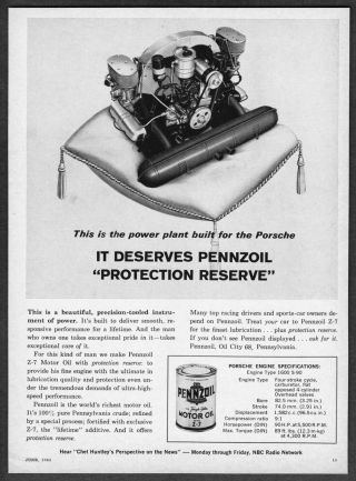 1963 Porsche 1600 S - 90 Engine Photo Pennzoil Z - 7 Motor Oil Vintage Print Ad