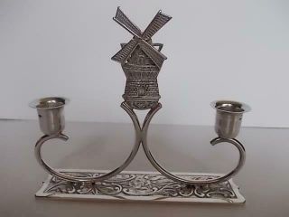 62 / Fabulous Vintage Dutch Silver Plated Twin Candlestick With Windmill Motiff