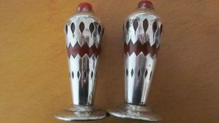 1930,  S Art Deco Condiment Set In Silver Plate And Red Glass.  Very Unusual.  Prelove