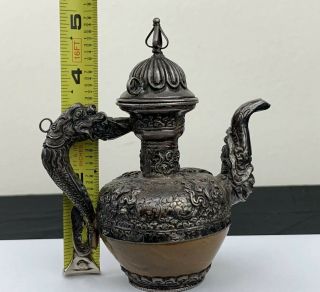 Rare Antique Chinese / Tibetan Buddhist Ritual Silver Teapot With Agate Base