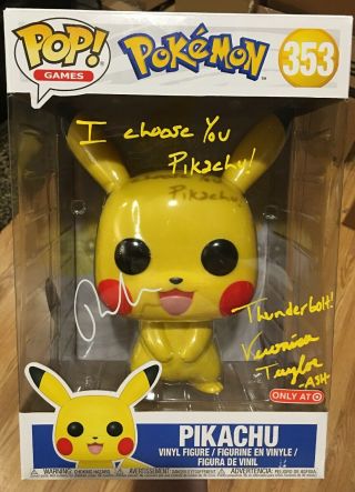 Funko Pop Pokemon Pikachu 10” Inch Signed Veronica Taylor & Ryan Reynolds