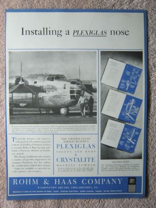 Vintage 1942 Wwii Rohm Haas Plexiglas Consolidated B - 24 Bomber Aircraft Print Ad