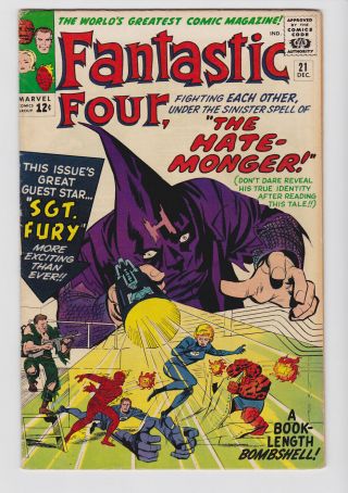 Fantastic Four 21 1963 Marvel Adolf Hitler Hate Monger Sgt.  Fury Kirby Fn,  6.  5