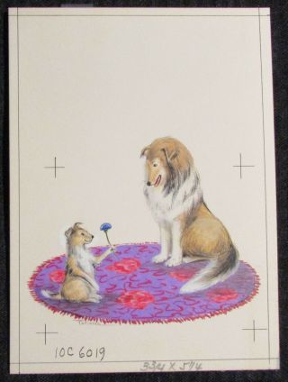 Happy Birthday Painted Collie Dogs W/ Flower 6x8.  25 " Greeting Card Art 6019