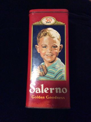 Vintage Cracker Cookies Tin Salerno - Megowen Golden Goodness 50 Year Anniversary