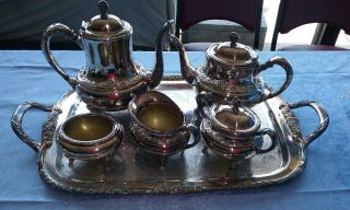 Vintage Oneida Silver Plate Footed 6 Piece Coffee Tea Set Pot Cream Sugar Ect.