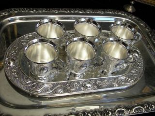 Vintage Silver Plate Set Of 6 Cups Tray Ornate Stones Vodka Liqueur Antique