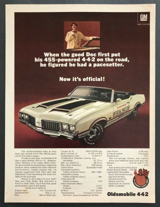 1970 Oldsmobile 442 Convertible Indy 500 Pace Car Photo Vintage Print Ad