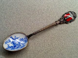 Vintage 835 Silver Amsterdam Souvenir Spoon With Enamelled Bowl - 11 Grams,  4 "