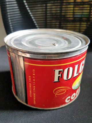 VINTAGE 1946 SHIP FLOWERS BRIGHT RED FOLGER ' S 1 POUND COFFEE TIN CAN 2