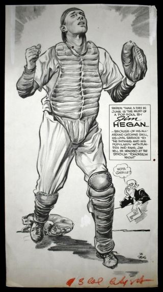 1940s Cleveland Indian Jim Hegan Catcher Cartoon Art By Lou Darvas