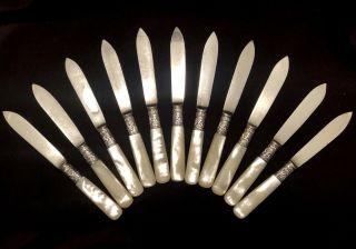 11 Vtg Harrison Bros & Howson Sheffield Silverplate Fruit Knives Mother Of Pearl