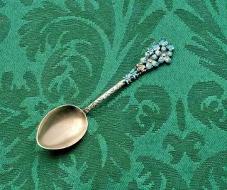 Vintage Sterling Silver Demitasse Spoon,  Gold Washed With Enameled Flowers