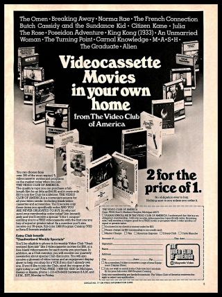1980 Video Club Of America Movie Videocassettes Vintage Print Ad Video Vhs B&w