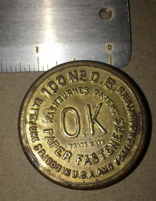 Brass Tin Antique OK Paper Fasteners SYRACUSE NY USA Washburnes Natural Patina 2