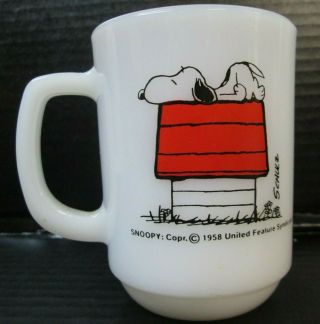 1958 Snoopy Doghouse Coffee Mug Milk Glass Fire King Anchor Hocking Allergic