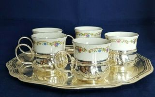 Vintage Porcelain Tea Cups With Silver Plated Holders And Tray