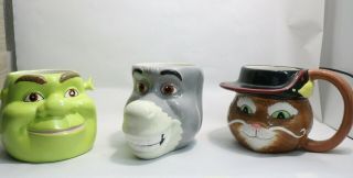 Shrek,  Donkey And Puss In Boots Head Shaped Mugs 3d Mugs 2004 Dreamworks