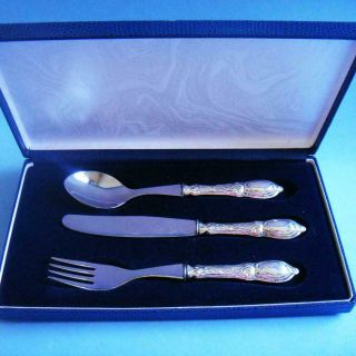 Lovely Vtg Sterling Silver Food Ornate Spoon & Knife & Fork Children Set,  Case