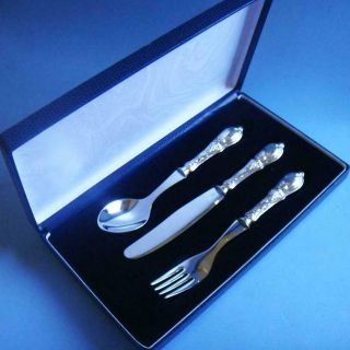 Lovely Vtg Sterling SILVER Food Ornate Spoon & Knife & Fork Children Set,  Case 3