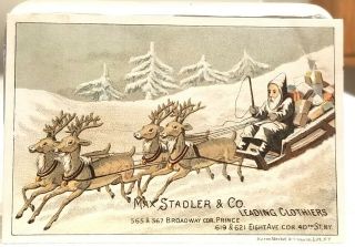 Blue Suited Santa,  In Sleigh,  Reindeer.  Max Stadler Clothier Trade Card.  Ny,  Ny