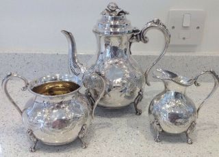 Antique Victorian Silver Plated 3 Piece Tea Service With Ornate Figural Finial