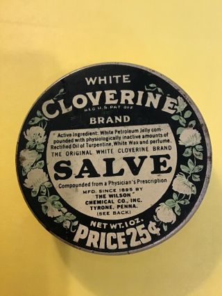 Vintage White Cloverine Brand Salve Tin Can Advertising