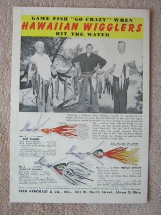 Vintage 1949 Fred Arbogast No.  1 2 1 - 1/2 Hawaiian Wiggler Fishing Lures Print Ad