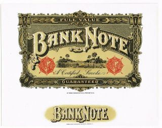 Cigar Box Label Vintage C1930s Embossed Banknote Paper Money Certified Smoke