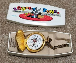 Vintage Armitron Tasmanian Devil Pocket Watch Quartz W/ Chain & Box Taz