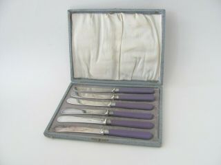 Cased Set Of Vintage Epns Tea Butter Knives Lilac Purple Faux Bakelite Handles